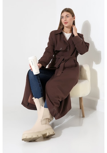 Amazon Keten Kumaş Uzun Boy Düğmeli Astarlı Yumuşak Dokulu Trenç Kot Koyu Kahve Koyu Kahverengi