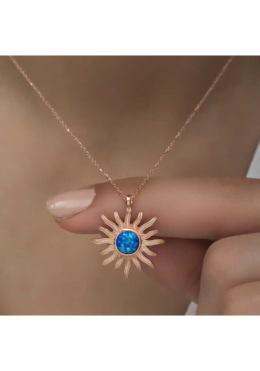 925 Ayar Gümüş Rose Mi Opal Taşlı Güneş Kadın Kolye