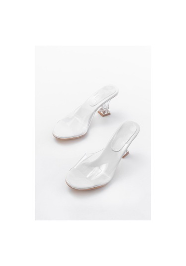 S-619 Beyaz Rugan Şeffaf Bantlı Şeffaf Topuklu Yuvarlak Burunlu Kadın Terlik Renksiz