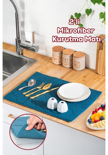 Porsima 3139-2 2li Mikrofiber Tezgah Üstü Kurutma Matı Kurulama Bezi Süper Emici Bulaşıklık Mavi Mavi
