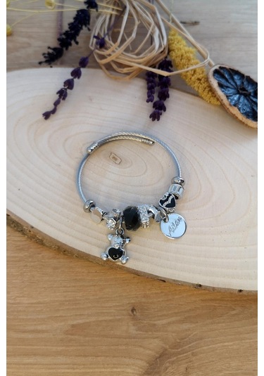 Allmisse Siyah Renk Ayıcık Charmlı Çelik Bileklik