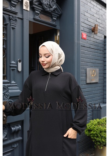 Kadın Siyah Aerobin Uzun Önü Yarım Fermuarlı İkili Takım T1215 Siyah