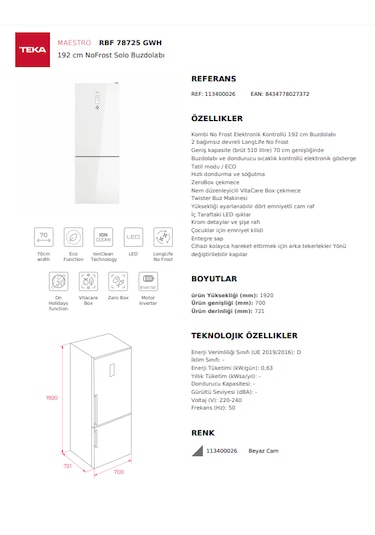 Teka RBF 78725 GWH 510 LT No-Frost Kombi Tipi Buzdolabı