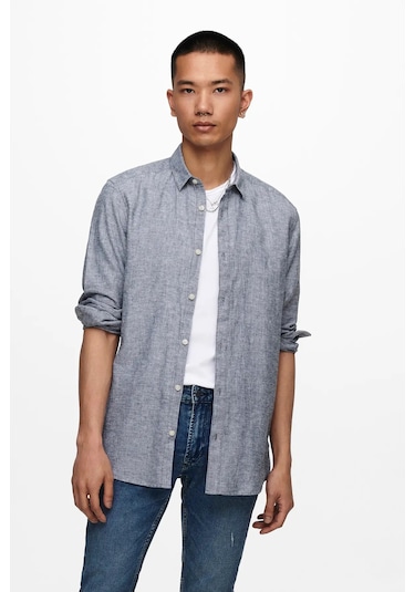 Only & Sons Erkek Onscaiden Slim Fit Keten Gömlek 22012321 Lacivert Lacivert