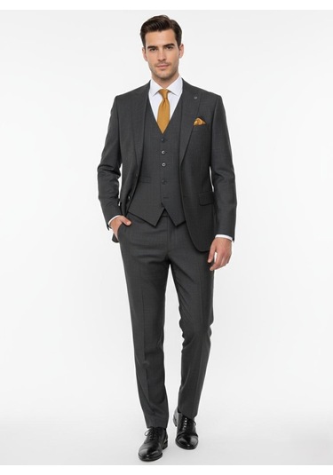Presto Erkek Slimfit 6 Drop Yelekli Takım Elbise Füme 787-700 Gri
