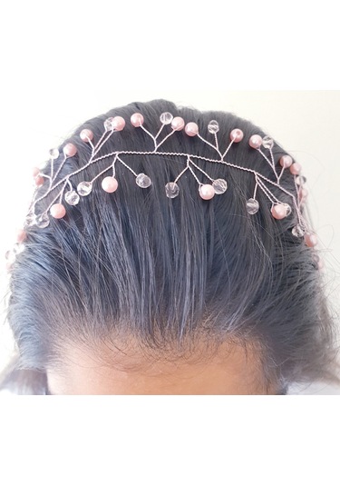 Toz Pembe Incili Ve Kristal Boncuklu Gelin Tacı