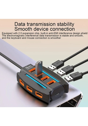 Xuweiwei Siyah Renkli Ortam Aydınlatmalı 10 Portlu Usb Hub Tak Calistir Dizustu Bilgisayar Fare Klavye Yazici Projektor Fan Icin Ideal