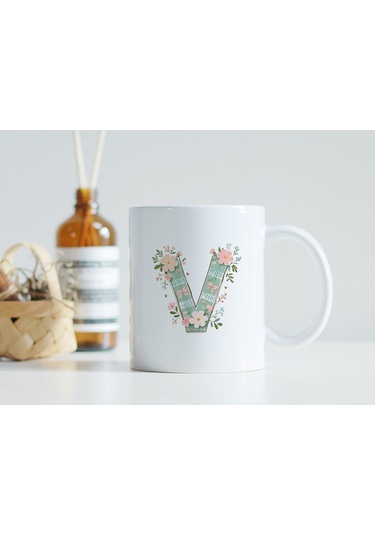 V Harfli Çiçek Desenli Kupa Bardak - Ekose Desenli Yeşil Pembe Desenli Tasarım - Kişiye Özel Hediye Beyaz