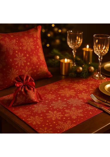Kırmızı Yılbaşı Masa Runner + Kırlent + Hediye Kesesi 3'lü Set Kar Tanesi Desenli Kırmıızı