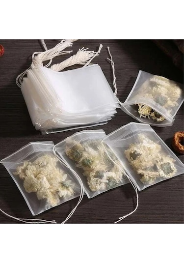 Honeybeeshop 100 Adet Beyaz Çay Filtre Torbası - Non-woven Kumaş Askılı Poşetler