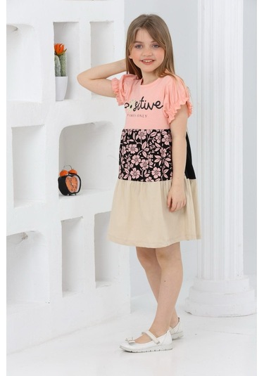 Çiçek Baskılı Kız Çocuk Yazlık Elbise-4788-pembe Pembe