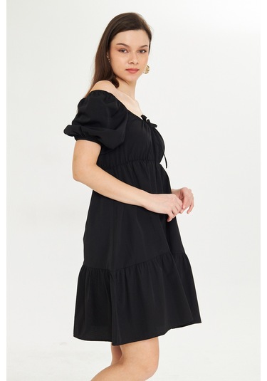 Beli Lastikli Buzgulu Poplin Elbise Siyah