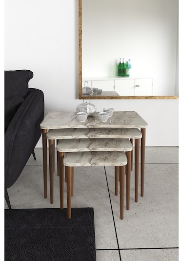 Aleyna 5li Orta Sehpa ve Zigon Sehpa Ahşap Ayaklı – Beyaz Mermer