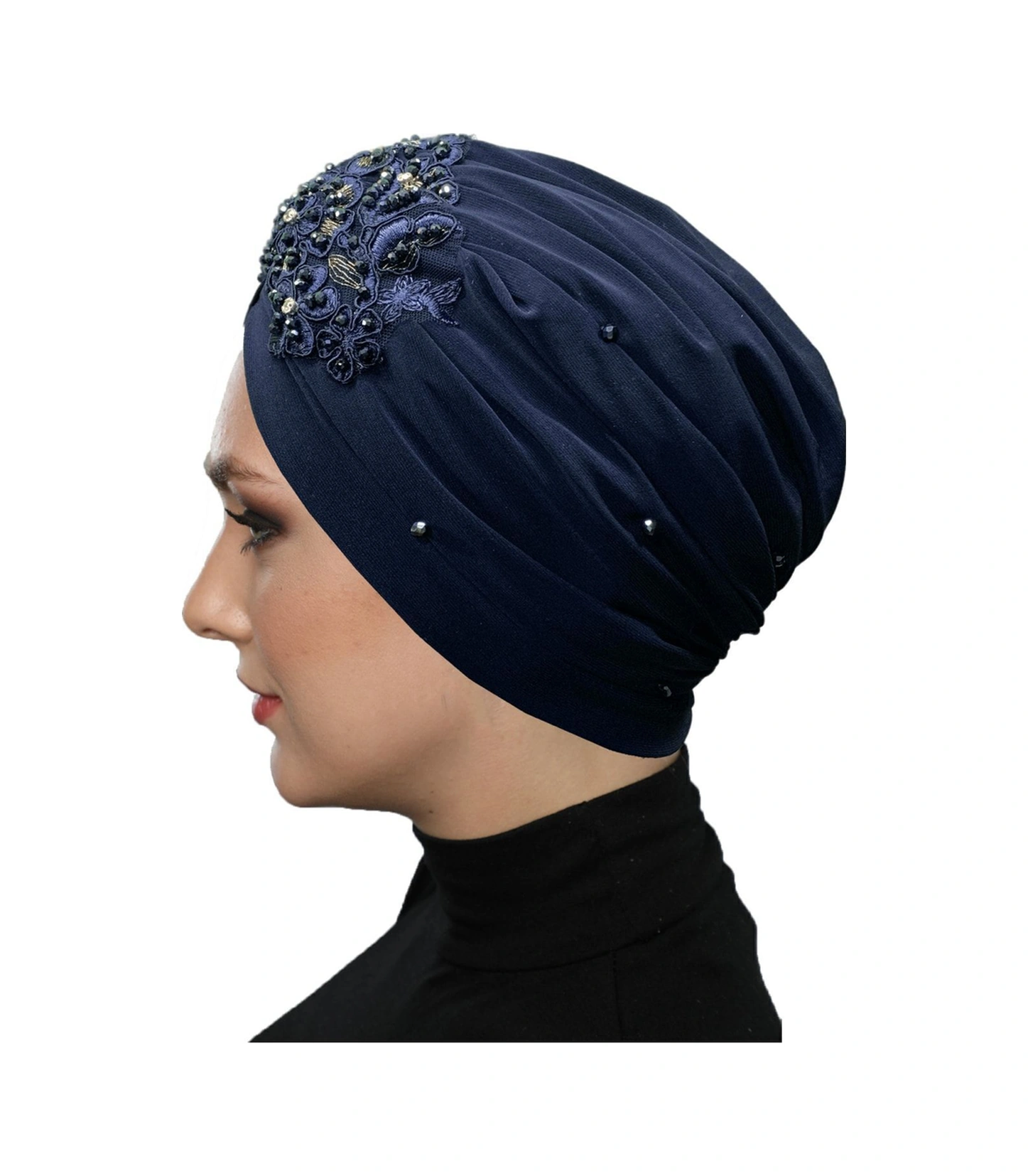 Kopma Astarlı Işlemeli Lacivert Sarı Dantel Motifli Hazır Türban Tesettür Abiye Bone Lacivert Sarı Dantel