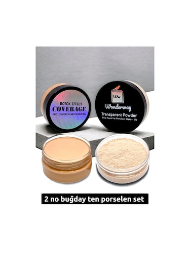 Wonderway Yoğun Kapatıcı Porselen Fondöten & Transparan Pudra Set 02 Buğday Ten Sünger + Göz Kalemi