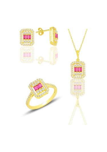 Gümüş Altın Yaldızlı Baget Kesim Kök Yakut Taşlı Çizgili Üçlü Se