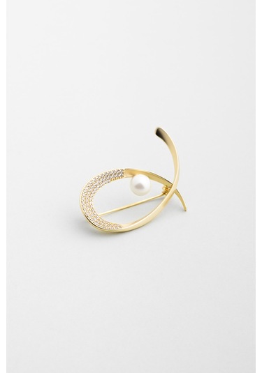 So Chic Aria İnci 18 Ayar Sarı Altın Kaplama Gümüş Broş Sarı