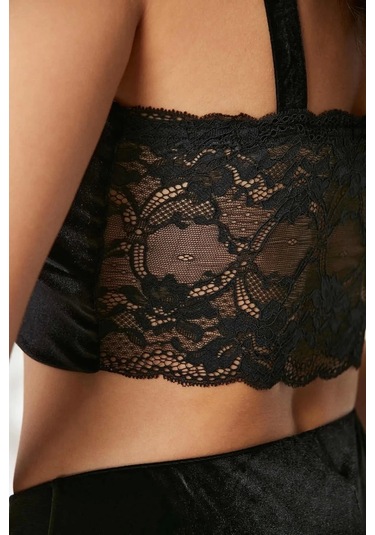 Pierre Cardin Kadife Saten 3'lü Kadın Crop'lu Pijama Takımı 2050 - Siyah