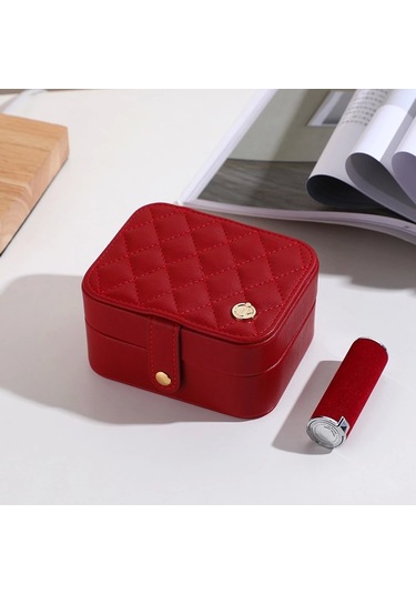 Deri Mini Baklava Desenli Seyahat Takı Bijuteri Mücevher Kutusu Organizer Düzenleyici 11,5cm Kırmızı