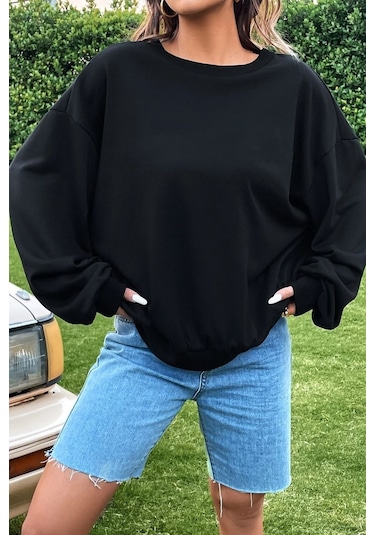 Unisex Drawing Butterflies Baskılı Bisiklet Yaka Sweatshirt Siyah