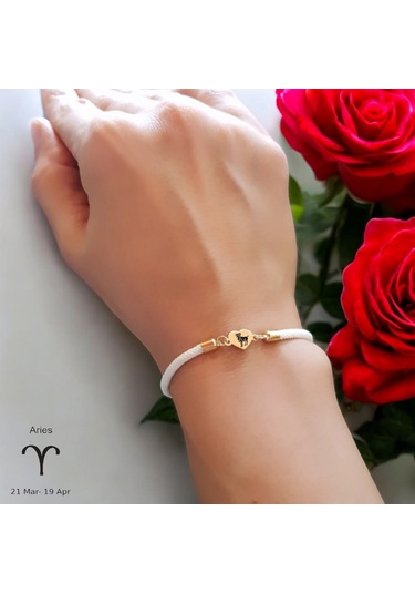 Archin Koç Burçlarına Özel Beyaz Örgülü Kalp Figürlü 14 Ayar Altın Plakalı Hediye Bileklik-478burç Koç