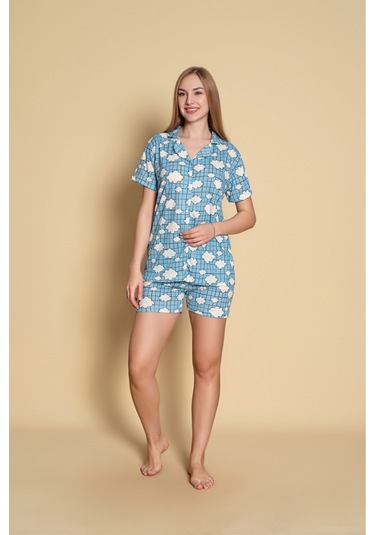 Kadın Gömlek Şort Desenli Pijama Takımı Mavi