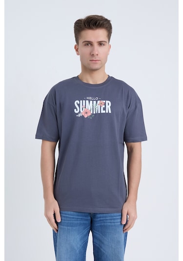 Velvoria Unisex Oversize Relaxed Summer Baskılı Antrasit Renk T-shırt