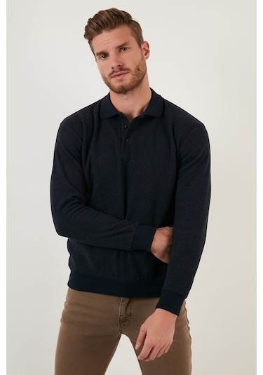 Buratti Pamuklu Regular Fit Düğmeli Polo Yaka Erkek Kazak 456211 Lacivert