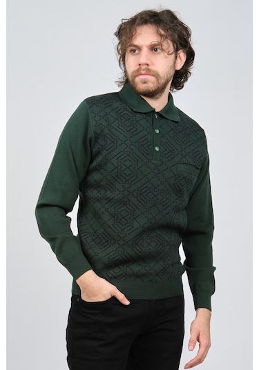 Ateş Triko Erkek Cep Detaylı Polo Yaka Desenli Yün Kazak 6092097 Yeşil
