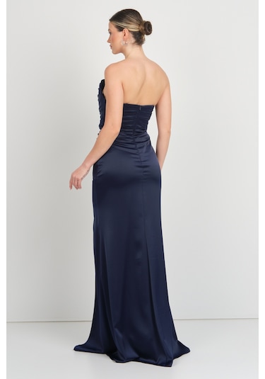 Doridorca Kadın Straplez Drapeli Saten Maxi Abiye Elbise 7051 Lacivert Lacivert