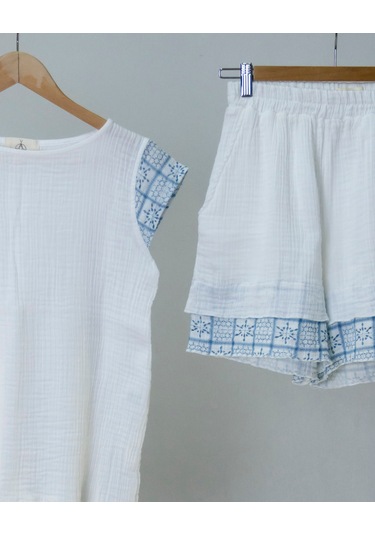 Süper Hafif %100 Pamuk 2 Katlı Müslin Şort - Tişört İkili Takım Pijama Gots Sertifikalı Mavi