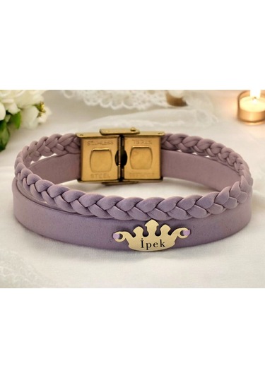 Archin İpek İsmine Özel Taç Figürlü 14 Ayar Altın Plakalı Doğal Mor Derili Hediye Bileklik-637isim İpek