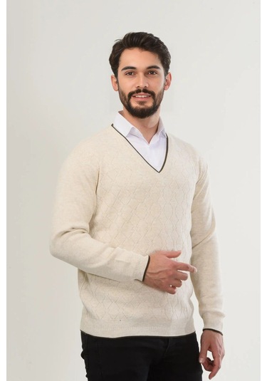 Kamalı Erkek V Yaka Triko Uzun Kol Standart Fit Tüylenmeyen Triko Kışlık Örgü Kazak Taş