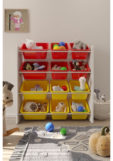 12 Sepetli Çok Amaçlı Oyuncak Dolabı Montessori Dolap Kırmızısarı Kırmızı - Sarı