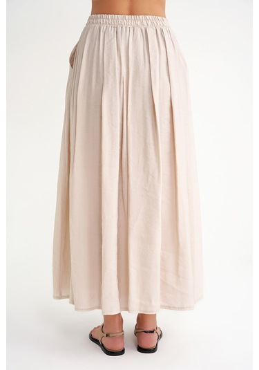 4612 Kadın Yandan Cepli Pileli Bol Etek Bej Bej