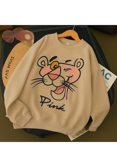 Benroma 3 İplik Penye Pink Baskılı Unisex Sweatshırt Bej