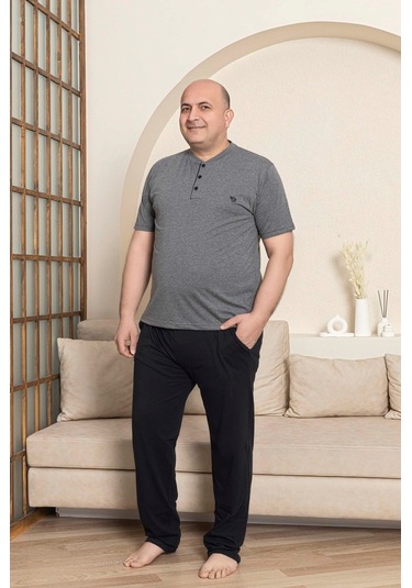 Erkek Geniş Kalıp %100 Pamuk Kısa Kol Cepli Büyük Beden Pijama Takımı Antrasit