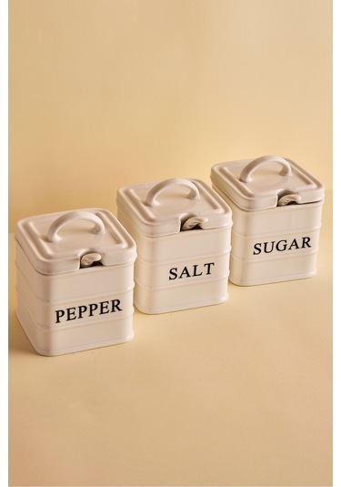 Bianca 3'lü Beyaz Kulplu Porselen Kare Baharatlık Takımı Beyaz Beyaz