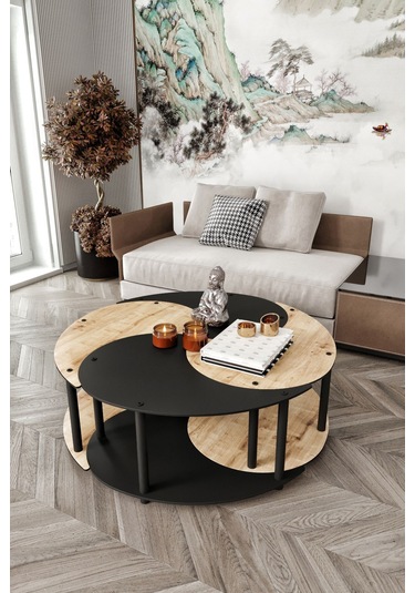 Yin Yang Unıty Serenıty Orta Sehpa 4 Lü Safir Meşe Siyah 90 Cm Siyah
