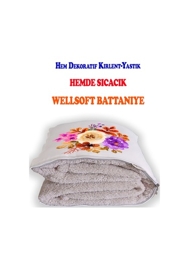 Renkli Çiçekler Baskılı Dekoratif Yastık Kırlent Opsiyonel Battaniye 2 İn 1 Çok Renkli