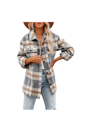 Sones Yaka Uzun Kollu Flanel Kareli Gömlek Bol Günlük Hırka Ceket Bayanlar İçin Açık Gri