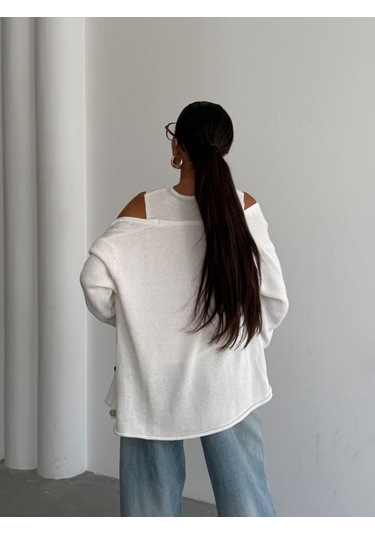 Kadın Giyim İkili Bluz Hırka Triko Takım Optik Beyaz Renk Ekru