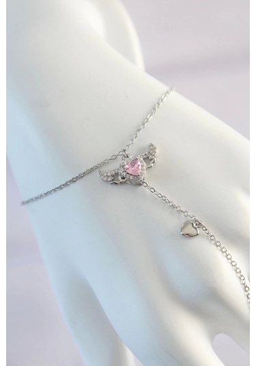 316l Çelik Gümüş Renk Pembe Zirkon Taşlı Kanatlı Kalp Model Şahmeran - Tj-sn584 Çok Renkli