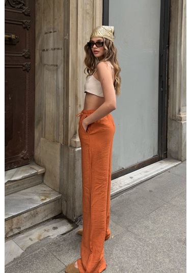 Pembe Keten Karışımlı Bol Kesim Pantolon Kiremit