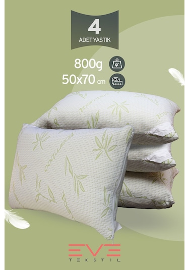 Eve Tekstil Bamboo Serisi Kılıflı Fermuarlı Yıkanabilir Antialerjik Silikon Elyaf Yastık 4'lü 50x70 CM 800 G Yeşil