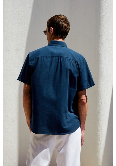 PASSI Erkek Kısa Kollu Tek Cepli Rahat Kesim Relaxed Fit Lacivert Gömlek