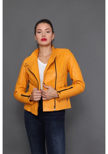 Hakiki Deri Sarı Kadın Ceket Sarı