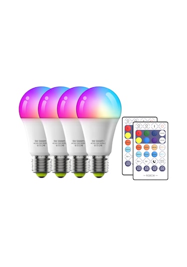 Springsun 4 Adet E26 9w Wifi Akıllı Ampul Seti - 16m Renk + Rgbcw, Alexa/google Ses Kontrolü, 2 Adet Kumanda, 100-130v RGB