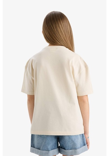 Defacto Kız Çocuk Relax Fit Bisiklet Yaka Kısa Kollu Tişört E0389a825smer42 Ekru