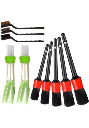 Pazly Araba Temizleme Fırçası Seti, 10 Adet, Siyah Yeşil, Klima Havalandırma, Domuz Kılı Ve Tel Fırça